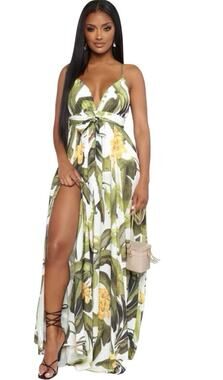 Fashion Nova Maxi Dress Sleeveless High Slits Tropical Floral Beach Size 1X